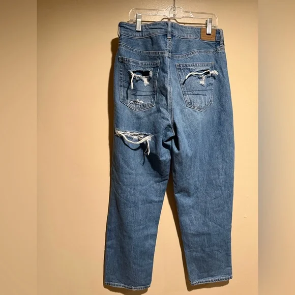 NWT American Eagle Mom Straight Jean Blue Denim plaid patchwork size 8 reg - Picture 5 of 12